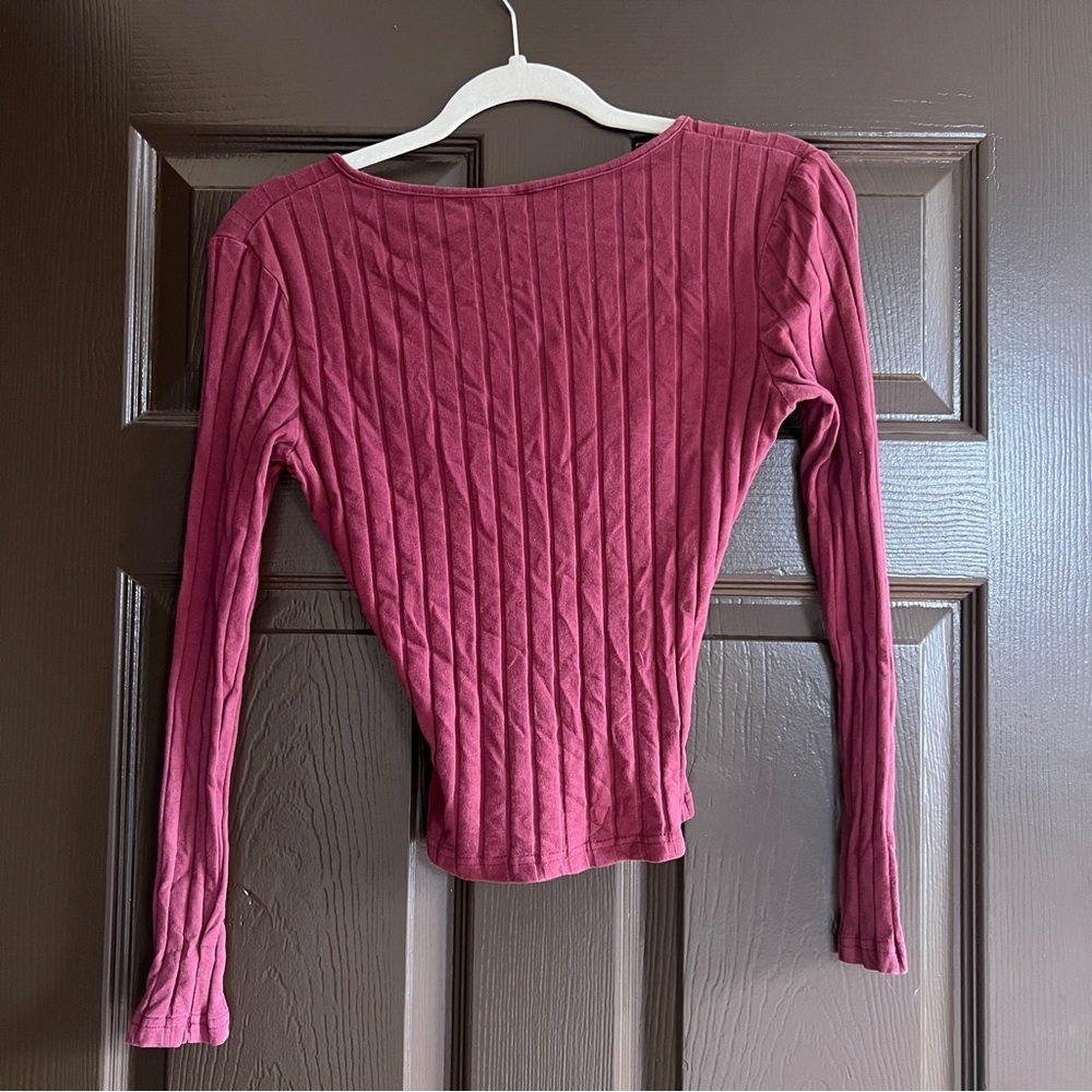 SHEIN Ribbed V-Neck Long Sleeve Top - Deep Red - Picture 5 of 5